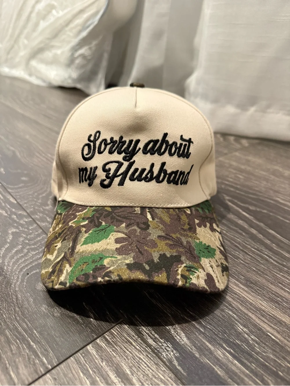 Sorry About My Husband Beige Cap with Camo Brim